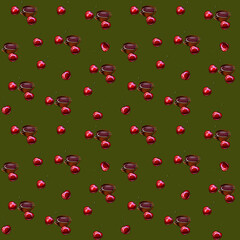 Pattern with cherry liqueur and cherries on a green background. 