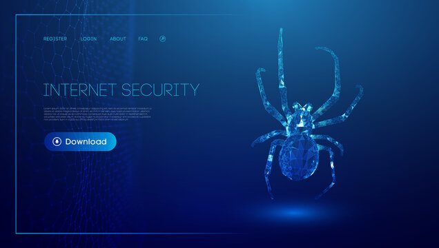 Virus spider in low poly style on blue background. Cybercryme technology network web vector illustration. Internet fraud abstract vector background. Cyber criminal hacker attack.