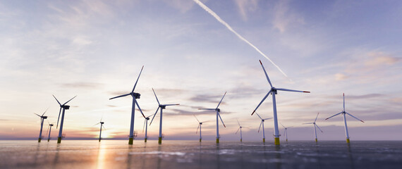 Offshore wind power and energy farm with many wind turbines on the ocean