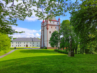 Fototapeta na wymiar White tower in Hradec nad Moravici castle in Czech Republic