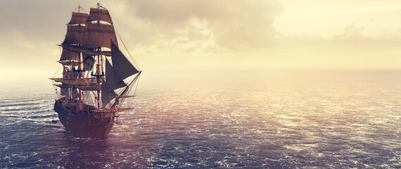 Pirate ship sailing on the ocean at sunset - obrazy, fototapety, plakaty