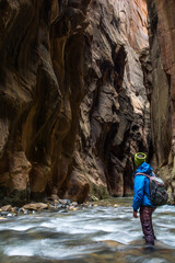 Selfie in the narrows. Good hiking in the Zion park