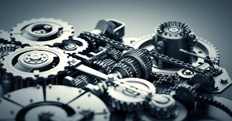 Gears and cogs mechanism. Industrial machine, engine