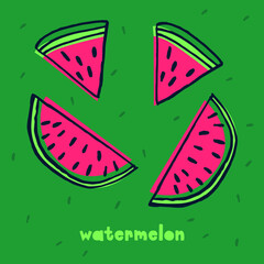 Vector illustration of watermelon slices. Red and green with lettering. Tropical fruit, sweet and refreshing. Isolated on colorful background. It can be used as an icon or as a logo for a brand.
