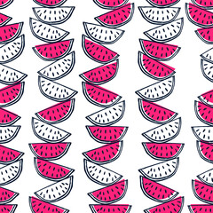 Seamless vector pattern. Overlapping sliced watermelons. Fun print for fabrics or wrapping paper. Summer fruit, super refreshing and sweet. Theme: kitchen, food, citrus, pink, red, lines.