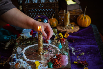 Obraz premium Candle magic, casting and cleansing aura with wax and candle, love spell, old European magic