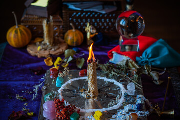 Fototapeta na wymiar Candle magic, casting and cleansing aura with wax and candle, love spell, old European magic