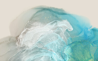 Abstract blue and pearl glitter watercolor horizontal background. Marble texture. Alcohol ink