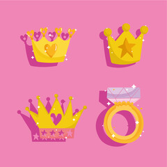 princess tale set icons crowns and ring with gem cartoon