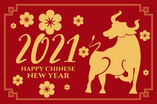 2021 Chinese new year of the ox on red background