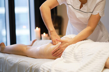 masseur makes anticellulite massage young woman in the spa salon. Body care concept. Special...