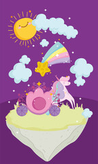 princess tale cartoon carriage unicorn shooting star and sun