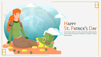 Flat illustration banner for decorating designs on the theme of celebrating the Irish St. Patricks Day a girl kneels in front of a hat top hat and gold coins