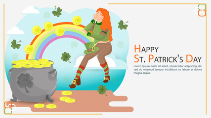 Flat illustration banner for decorating designs on the theme of celebrating the Irish St. Patricks Day a girl rides on a cloud with a rainbow from which gold coins roll in polka dots