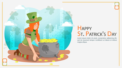 Flat illustration banner for decorating designs on the theme of celebrating the Irish St. Patricks Day a girl kneels in front of a large pot of gold coins