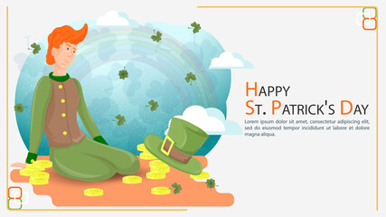Naklejka premium Flat illustration banner for decorating designs on the theme of celebrating the Irish St. Patricks Day a guy kneels in front of a hat top hat and gold coins