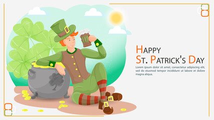 Obraz na płótnie Canvas Flat illustration banner for decorating designs on the theme of celebrating the Irish St. Patricks Day a guy sitting on a large pot of gold coins holding a mug of Ale