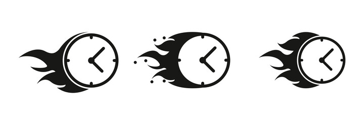 Flames are coming out of the clock icon. Red dial Clock is set with a stopwatch to stop the time. Time zones are set. Stopwatch drawing. Symbol of speed. Flat sign symbols logo illustration isolated.