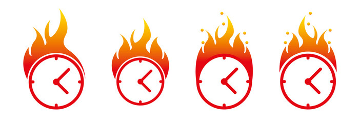 Flames are coming out of the clock icon. Red dial Clock is set with a stopwatch to stop the time. Time zones are set. Stopwatch drawing. Symbol of speed. Flat sign symbols logo illustration isolated.