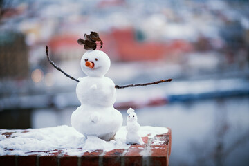 snowman outdoors in city park in winter