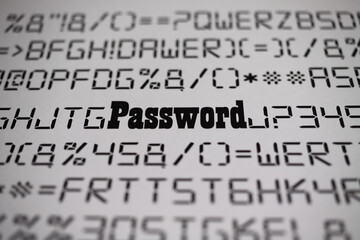 Close up of fictive letters and special characters with blurred word password, white background  - complicated complex password change concept