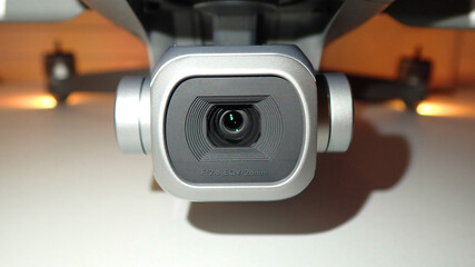 Macro detail black and white photo of latest technology drone 4K camera stabilised gimbal