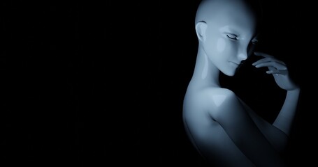 暗闇の中、青白い光に照らされた女性型マネキン