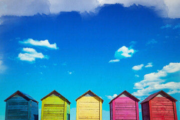 Digital illustration with canvas texture, colorful wooden huts by the beach as dressing rooms.