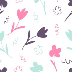 Obraz na płótnie Canvas Simple calm gentle vector seamless pattern in pastel colors. Doodle pink, blue, purple flowers on a white background. For fabrics, textile products, stationery.