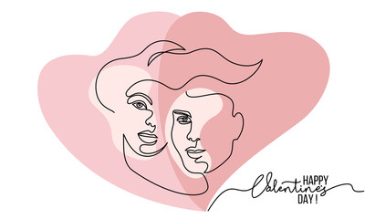 Portrait of couple man and woman in love kissing. Continuous One Line