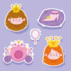 princess tale little girls face crown shoe and carriage cartoon