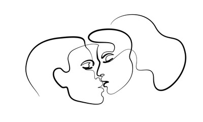 Portrait of couple man and woman in love kissing. Continuous One Line