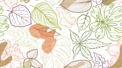 Floral seamless pattern with leaves with abstract organic shape blots over white background