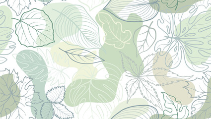 Floral seamless pattern with leaves with abstract organic shape blots over white background