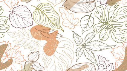 Floral seamless pattern with leaves with abstract organic shape blots over white background