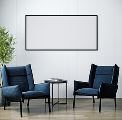 Modern luxury living room interior, dark blue armchair on wooden floor, empty white wall, contemporary living room interior backgorund, 3d illustration