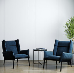 Modern luxury living room interior, dark blue armchair on wooden floor, empty white wall, contemporary living room interior backgorund, 3d illustration