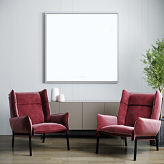 blank picture frame mock up in modern interior background with empty white wall, pink armchair, console and plant, scandinavian style, 3d rendering