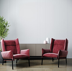 Modern living room interior, red armchair on white empty wall mockup, 3d render