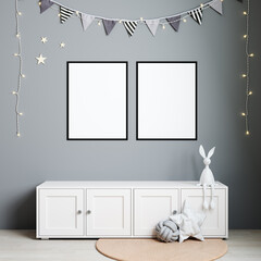 Frame mockup in child room interior. Stylish Interior in scandinavian style. 3d rendering, 3d illustration