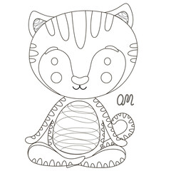 Black and white cute tiger cub sitting in a simple yoga easy pose with crossed legs Sukhasana and the word "OM". Isolated outline meditating kitten for a coloring page. Vector.
