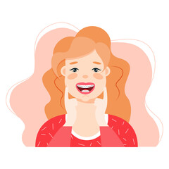 
Vector cartoon illustration of Close-up of a smiling young cute girls face with braces on his teeth. 
