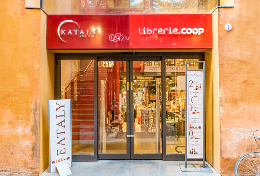 BOLOGNA, ITALY -  JUNE 29, 2019: Eataly is a large format/footprint Italian marketplace (food hall) comprising a variety of restaurants, food and beverage counters, bakery, and a cooking school.