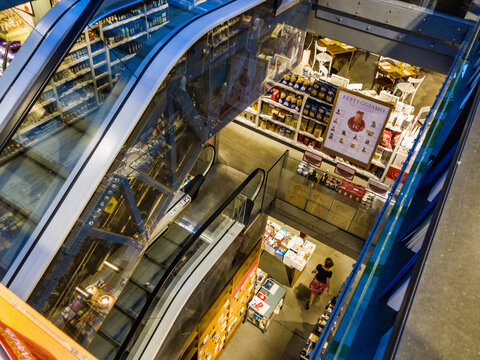 BOLOGNA, ITALY -  JUNE 29, 2019: Eataly is a large format/footprint Italian marketplace (food hall) comprising a variety of restaurants, food and beverage counters, bakery, and a cooking school.