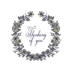 Thinking of you- card. A simple pencil drawn frame of flowers.