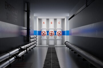 Clean, modern industrial hallway with large pipelines and red valves. Digital render.