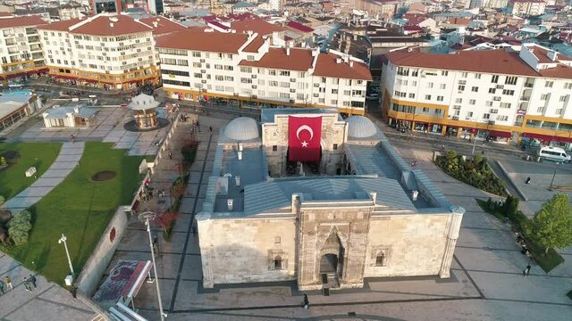 Aerial view of Buruciye Madrasah in Sivas. 4K Footage in Turkey