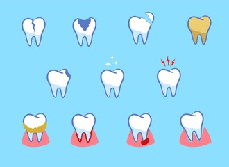Dental diseases set. Teeth problems, different injuries. Infographics in dentistry. Collection of icons. cartoon style
