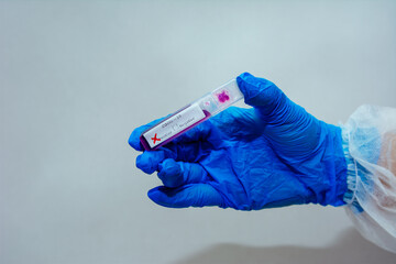 hand, medicine, medical, doctor, isolated, glove, test, science, blue, tube, syringe, lab, health, care, white, laboratory, chemistry, hospital, injection, gloves, research, liquid, vaccine