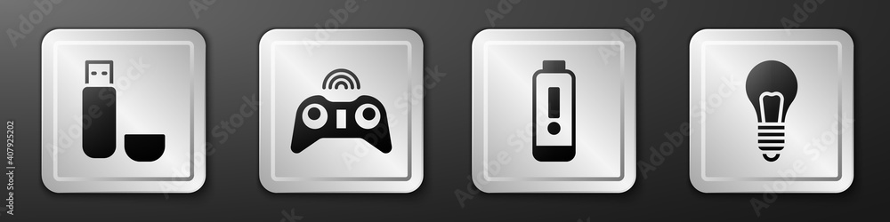 Poster set usb flash drive, wireless gamepad, battery charge level indicator and light bulb with concept of